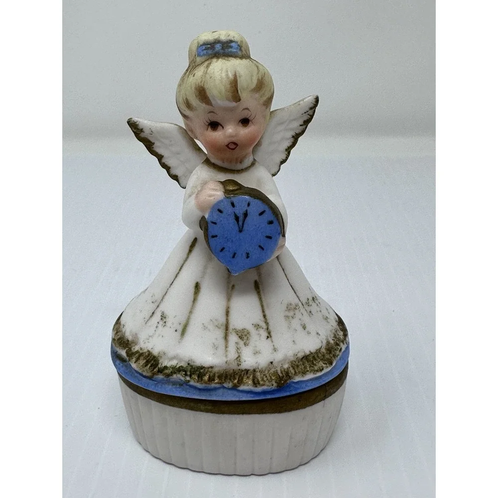 Vintage Lefton February Angel Trinket Box 1950s/1960s Blue Clock Japan 3447